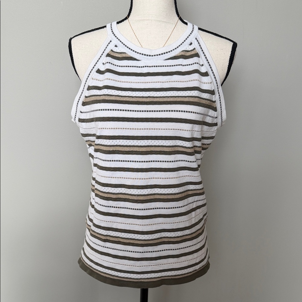 White House Black Market White and Olive Green Striped Tank Top